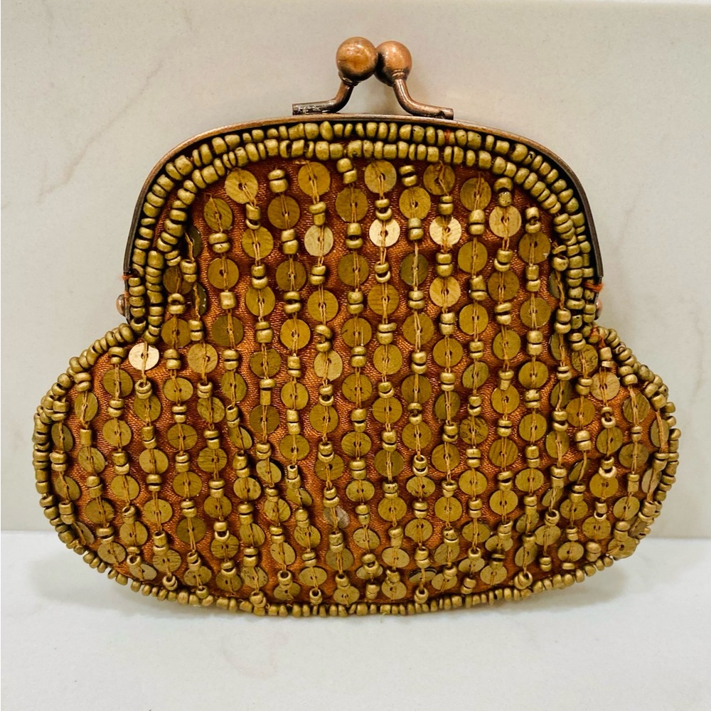 Beautiful Vintage ! Silk Bronze Beaded Coin purse !